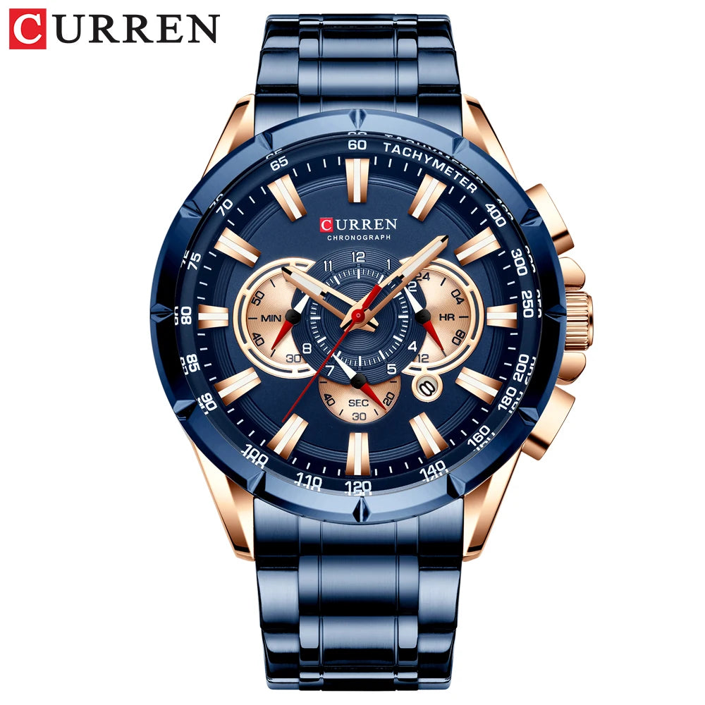 Men New CURREN Casual Sport Chronograph Men's Watch Stainless Steel Band Wristwatch Big Dial Quartz Clock with Luminous Pointers