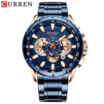 Men New CURREN Casual Sport Chronograph Men's Watch Stainless Steel Band Wristwatch Big Dial Quartz Clock with Luminous Pointers