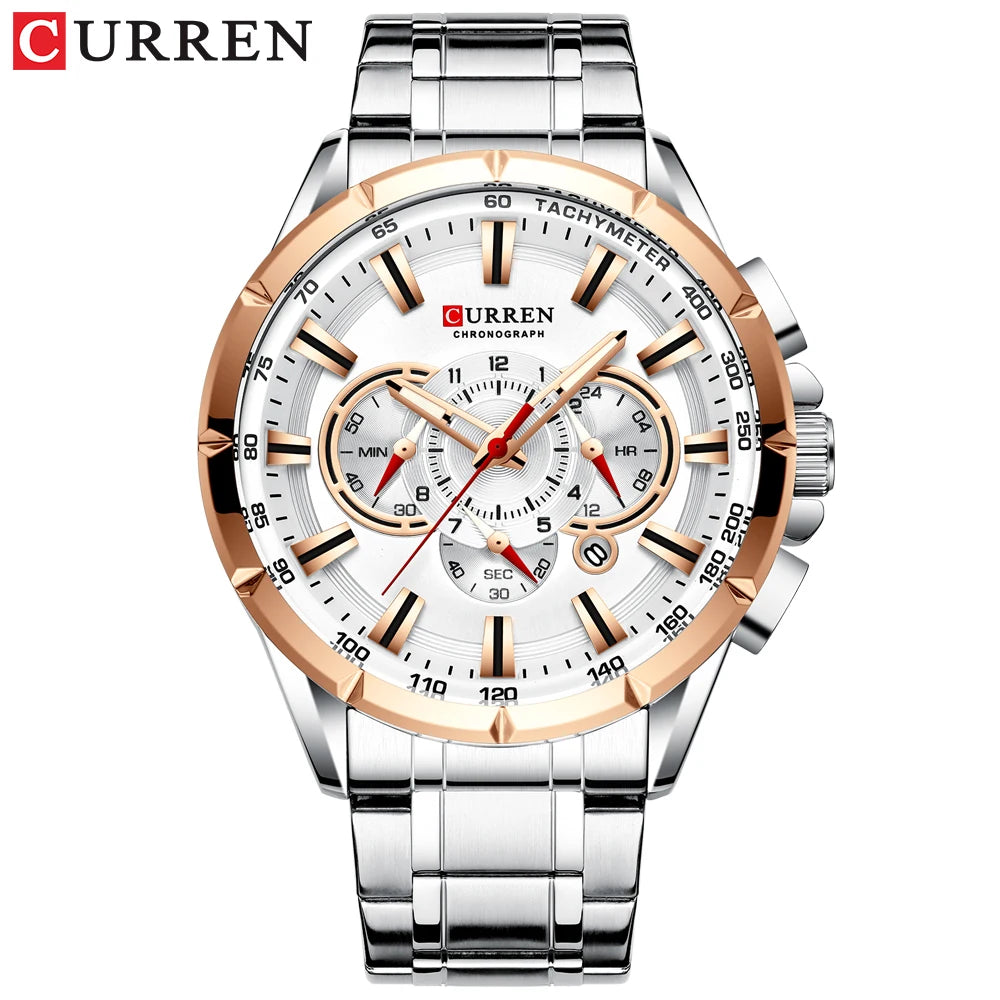 Men New CURREN Casual Sport Chronograph Men's Watch Stainless Steel Band Wristwatch Big Dial Quartz Clock with Luminous Pointers