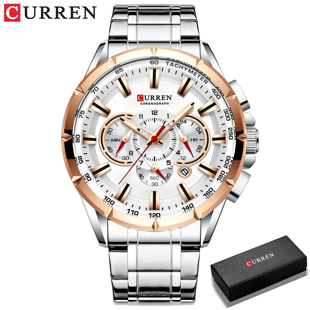 Men New CURREN Casual Sport Chronograph Men's Watch Stainless Steel Band Wristwatch Big Dial Quartz Clock with Luminous Pointers