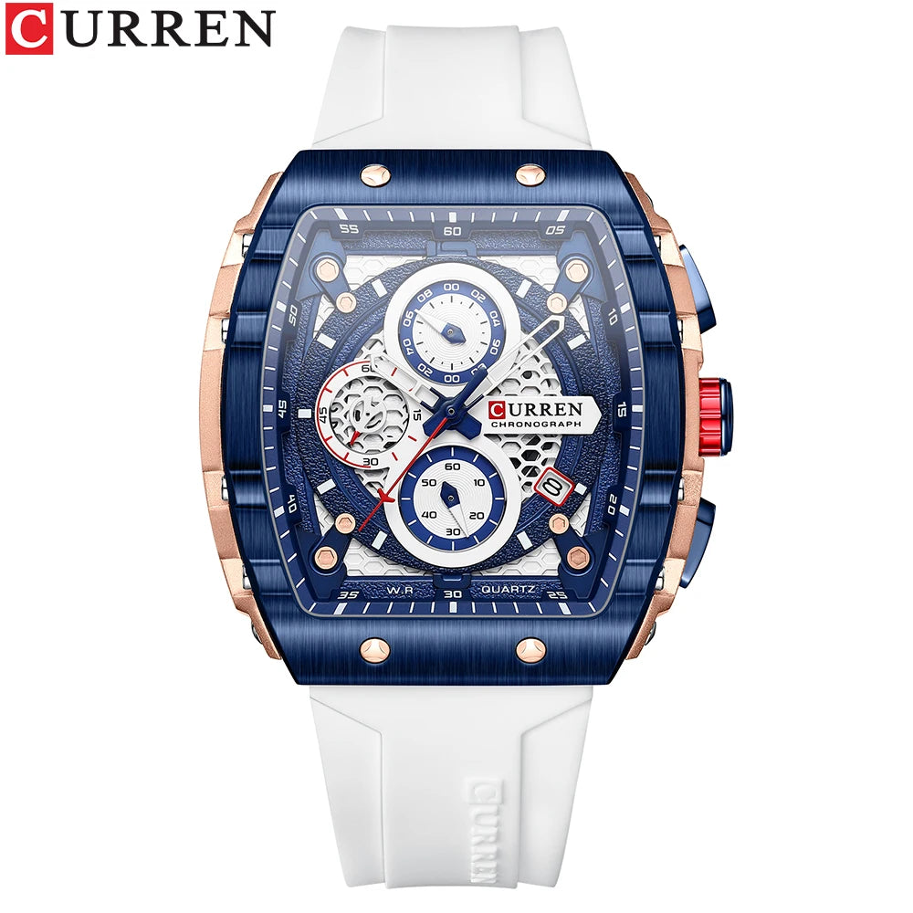 CURREN New Luxury Sport Chronograph – Square Dial, Silicone Strap, Waterproof Quartz Men's Watch