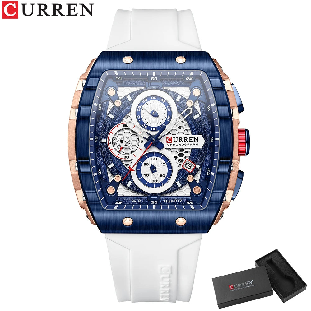 CURREN New Luxury Sport Chronograph – Square Dial, Silicone Strap, Waterproof Quartz Men's Watch