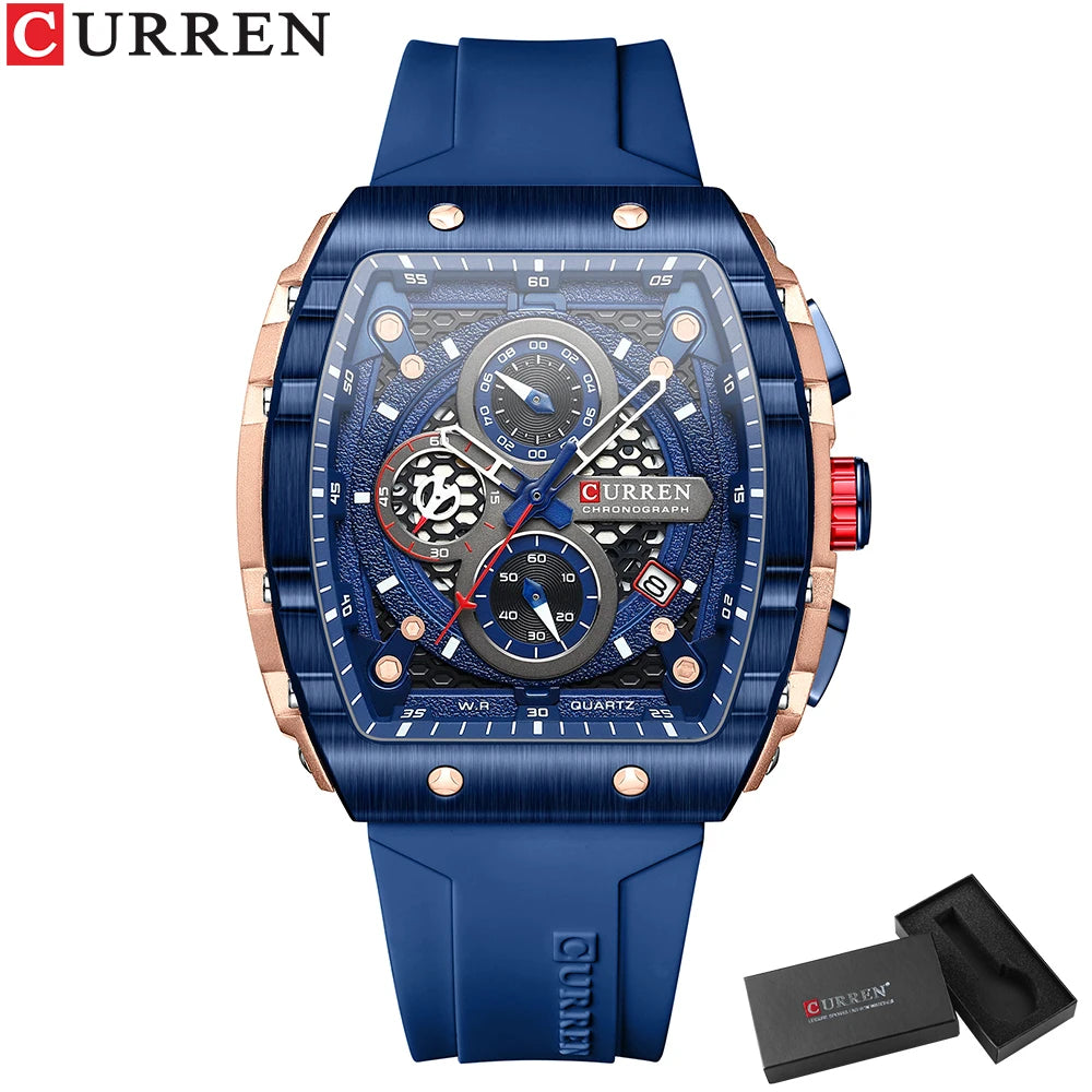 CURREN New Luxury Sport Chronograph – Square Dial, Silicone Strap, Waterproof Quartz Men's Watch