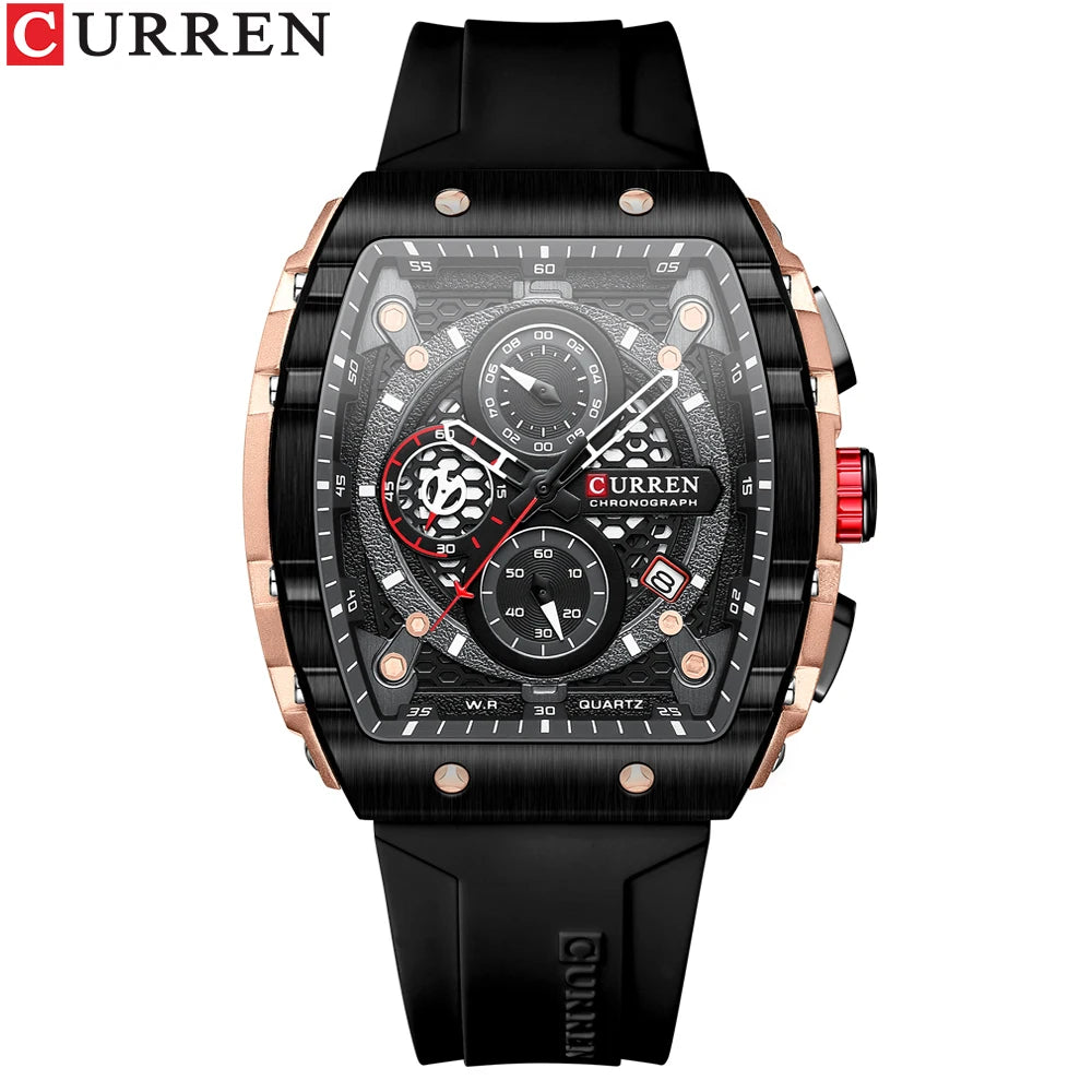 CURREN New Luxury Sport Chronograph – Square Dial, Silicone Strap, Waterproof Quartz Men's Watch