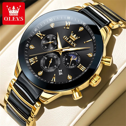 OLEVS Men's Watches Original Quartz Watch for Man Waterproof Luminous Ceramic And Steel Strips Wristwatch Male Moon Phases