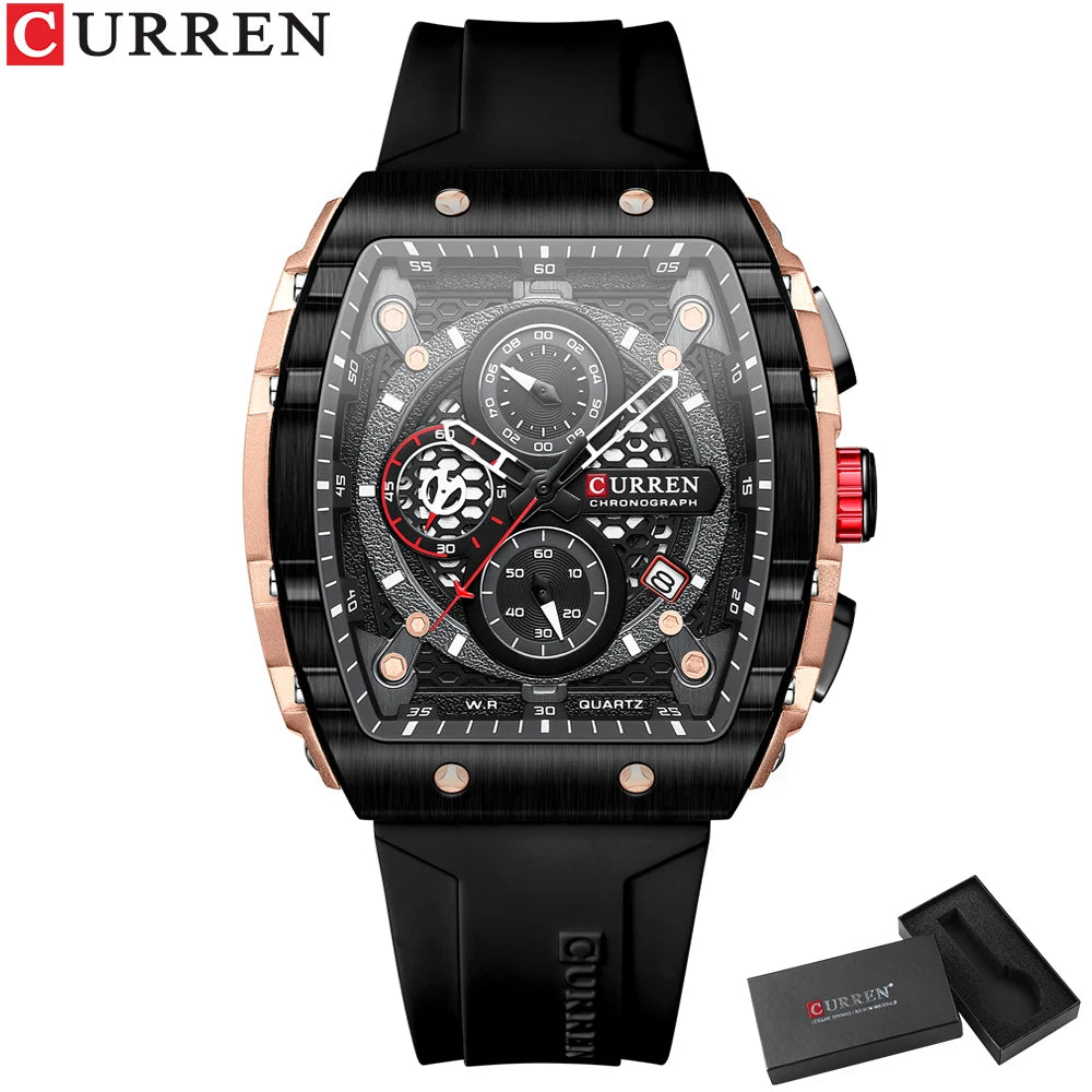 CURREN New Luxury Sport Chronograph – Square Dial, Silicone Strap, Waterproof Quartz Men's Watch