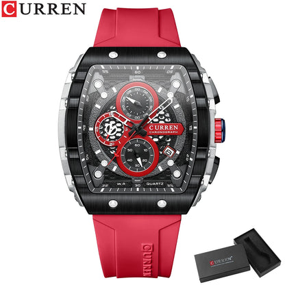 CURREN New Luxury Sport Chronograph – Square Dial, Silicone Strap, Waterproof Quartz Men's Watch