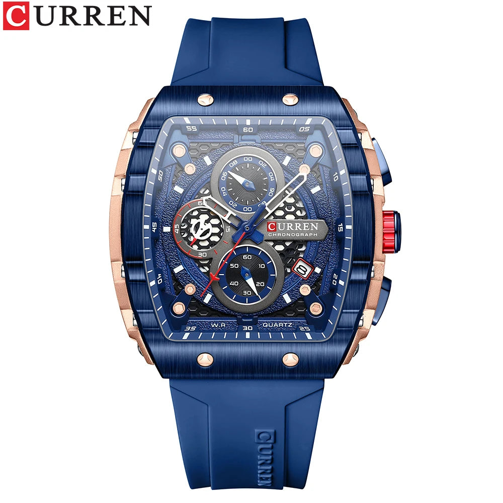 CURREN New Luxury Sport Chronograph – Square Dial, Silicone Strap, Waterproof Quartz Men's Watch