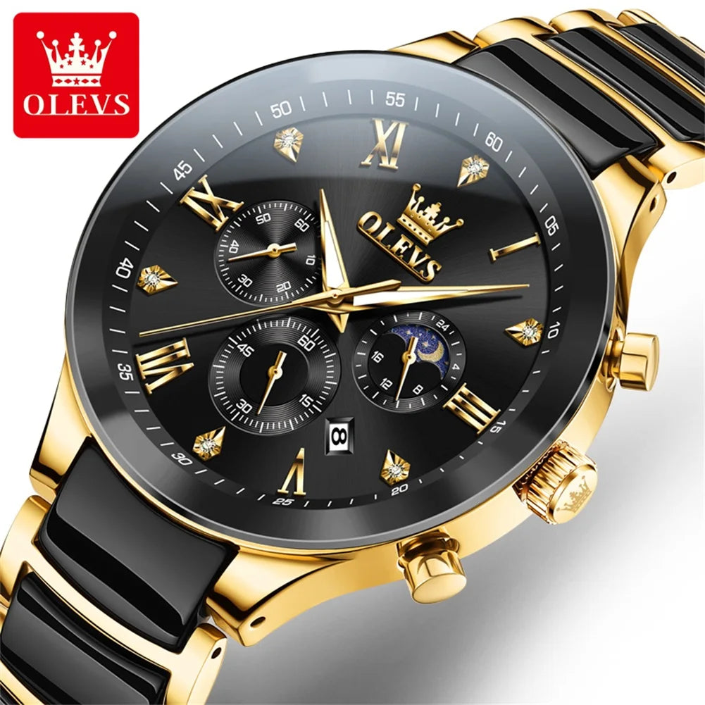 OLEVS Men's Watches Original Quartz Watch for Man Waterproof Luminous Ceramic And Steel Strips Wristwatch Male Moon Phases