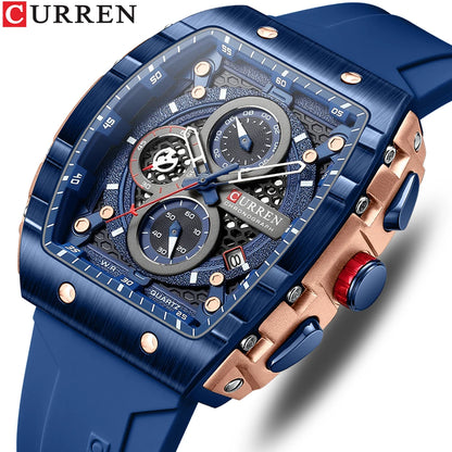 CURREN New Luxury Sport Chronograph – Square Dial, Silicone Strap, Waterproof Quartz Men's Watch