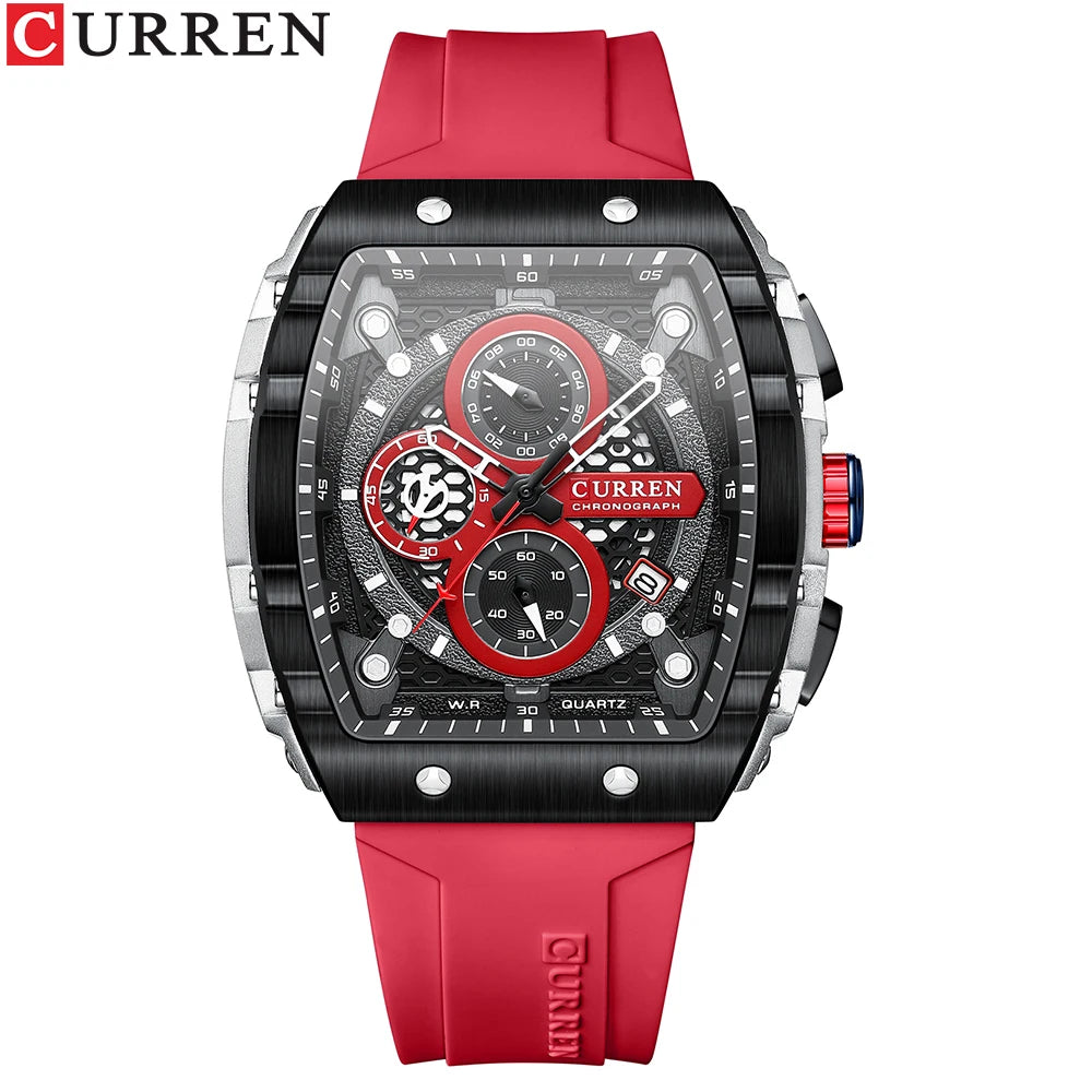 CURREN New Luxury Sport Chronograph – Square Dial, Silicone Strap, Waterproof Quartz Men's Watch