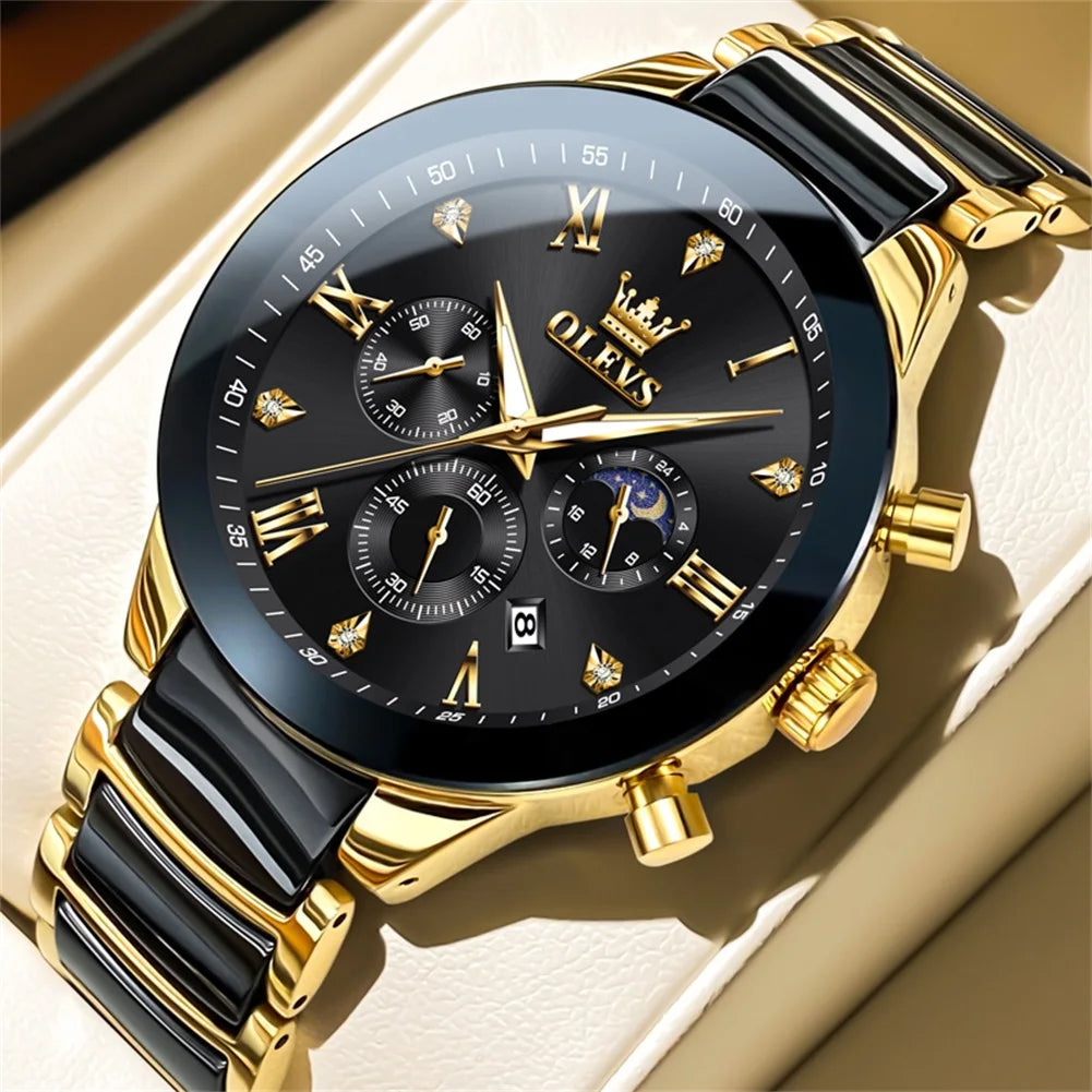 OLEVS Men's Watches Original Quartz Watch for Man Waterproof Luminous Ceramic And Steel Strips Wristwatch Male Moon Phases